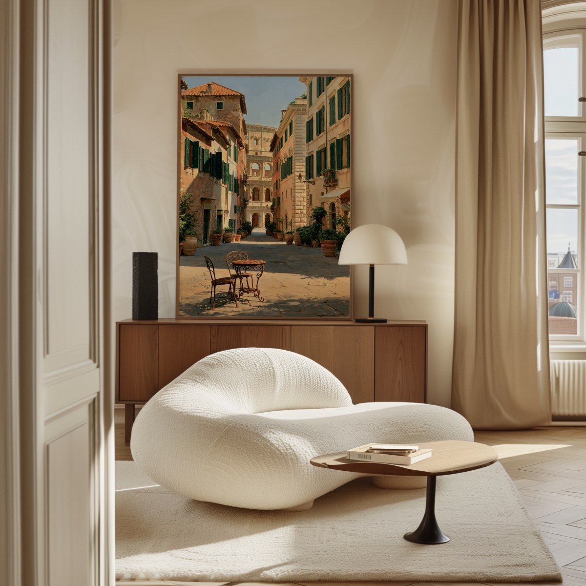 The framed print above a wooden sideboard in a living room, with a cream boucle sofa and a window beyond.