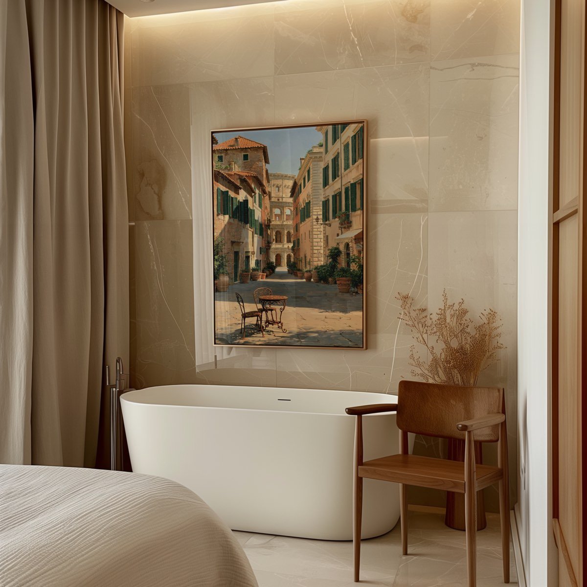 The framed print on a marble wall beside a freestanding bath, a wooden chair and dried grasses.